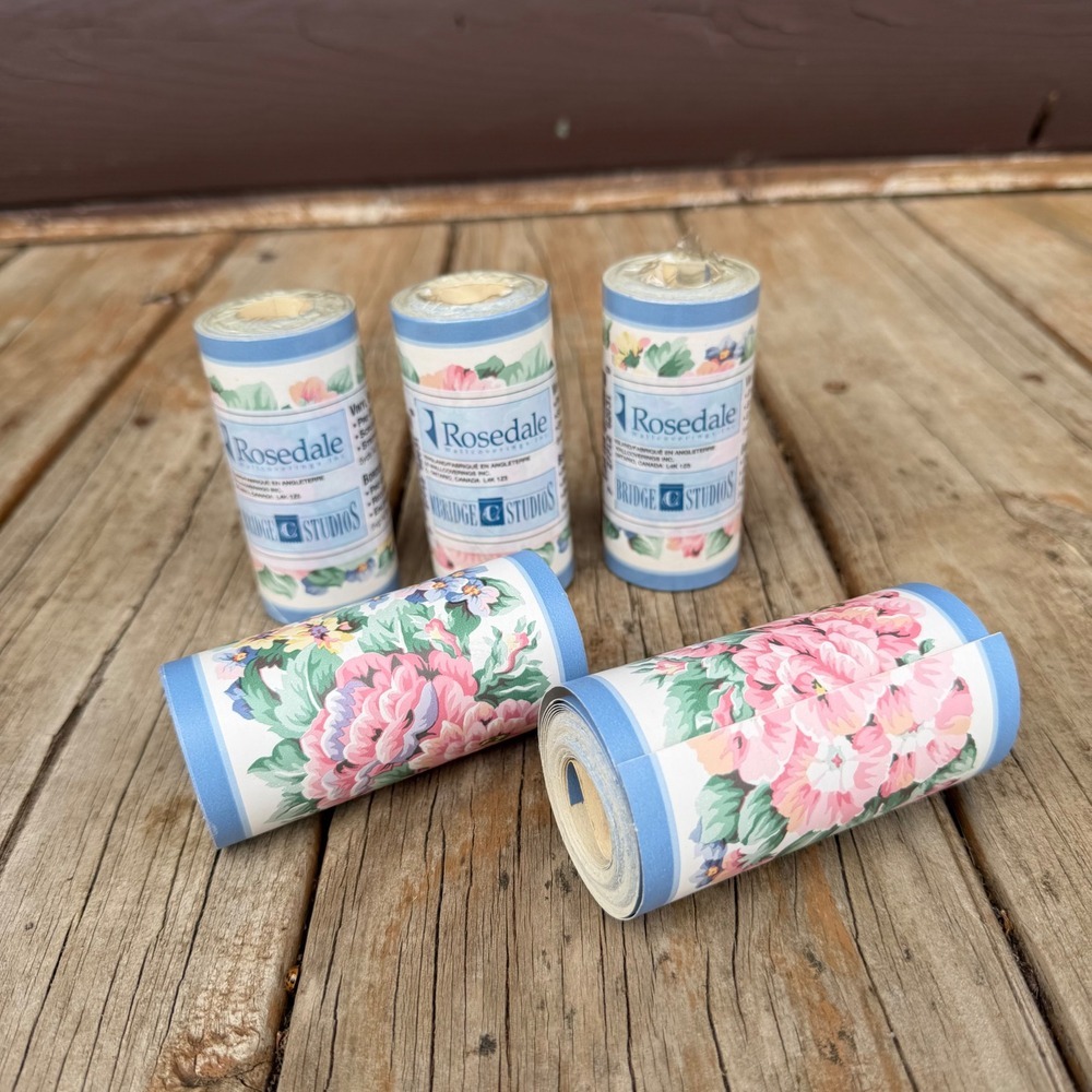 Vtg Rosedale Floral Wallpaper Border 5 Rolls Blue Pink Peony Vintage Style